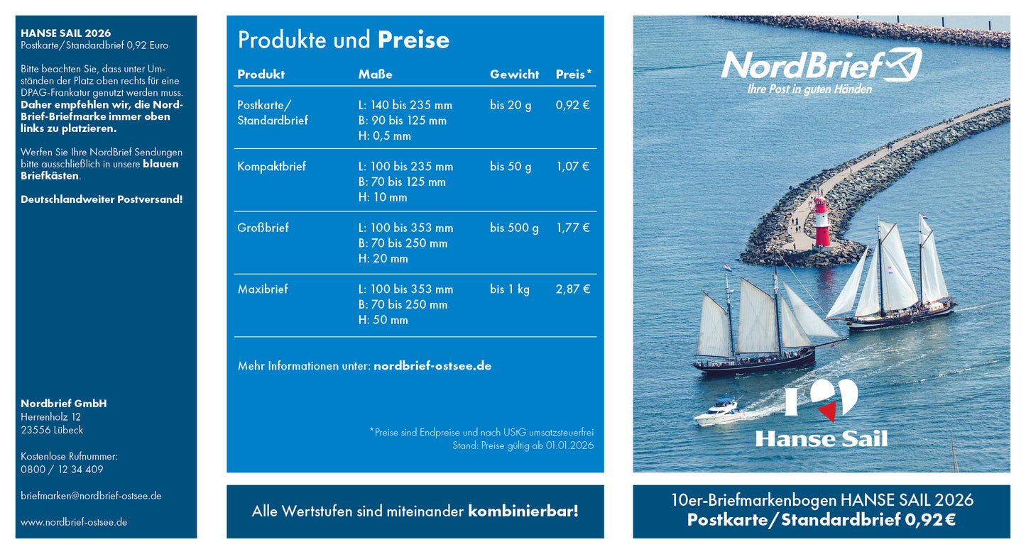 10er-Markenheft Postkarte & Standardbrief "HANSE SAIL 2026"