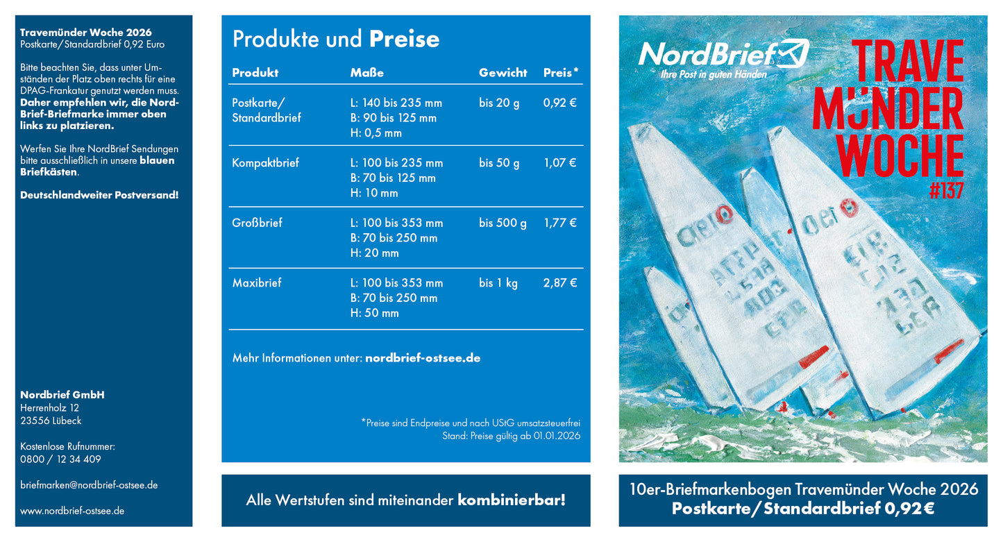 10er-Markenheft Postkarte & Standardbrief "Travemünder Woche 2026"