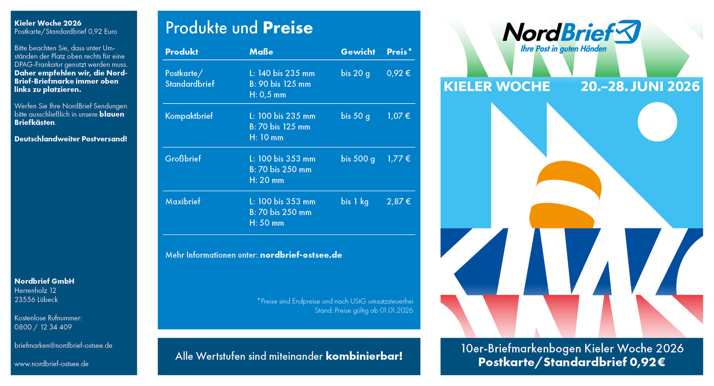 10er-Markenheft Postkarte & Standardbrief "Kieler Woche 2026"