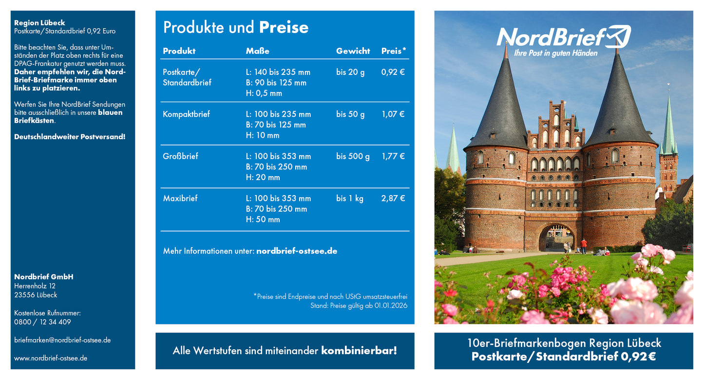 10er-Markenheft Postkarte & Standardbrief "Region Lübeck"